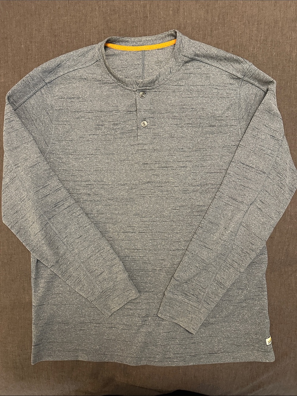 Orvis Men's Long-Sleeve Henley in Heather Gray with orange collar  Trim